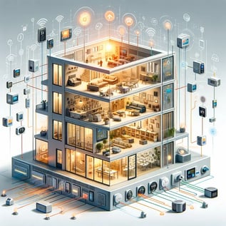 DALL·E 2023-12-20 13.57.01 - An illustration depicting a smart building in cross-section, revealing the interior. The building is integrated with various IoT devices including the