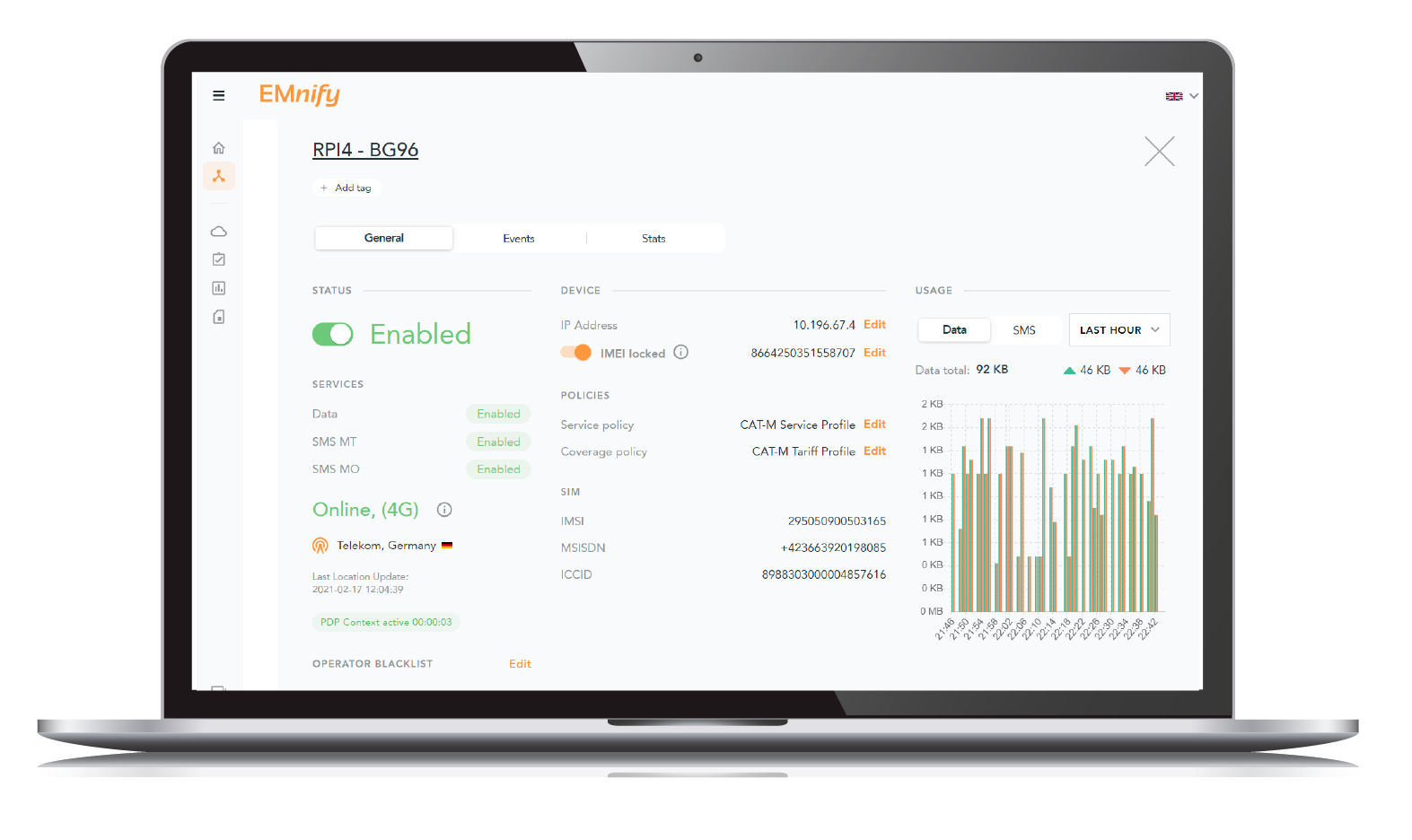 EMnify IoT Dashboard on computer