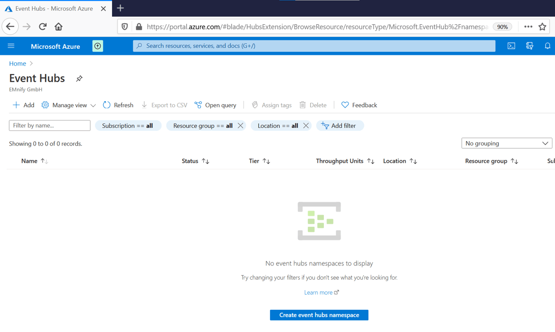 click create namespace