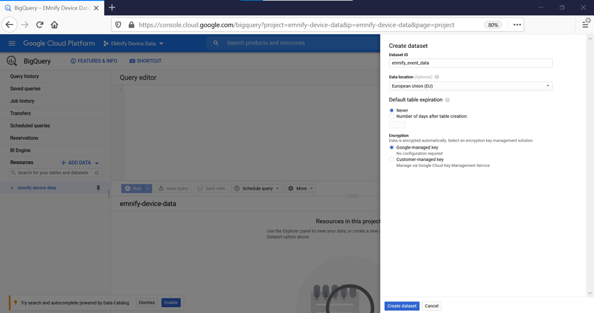 create dataset event