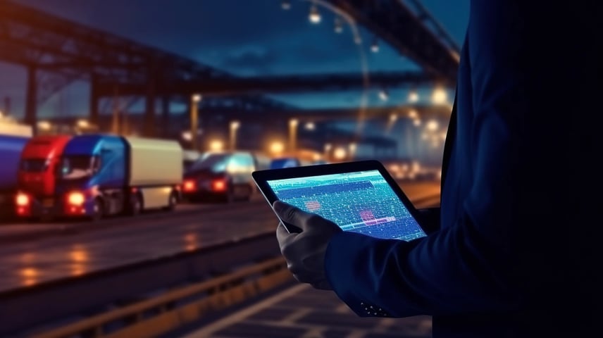 tablet at night in front of trucks
